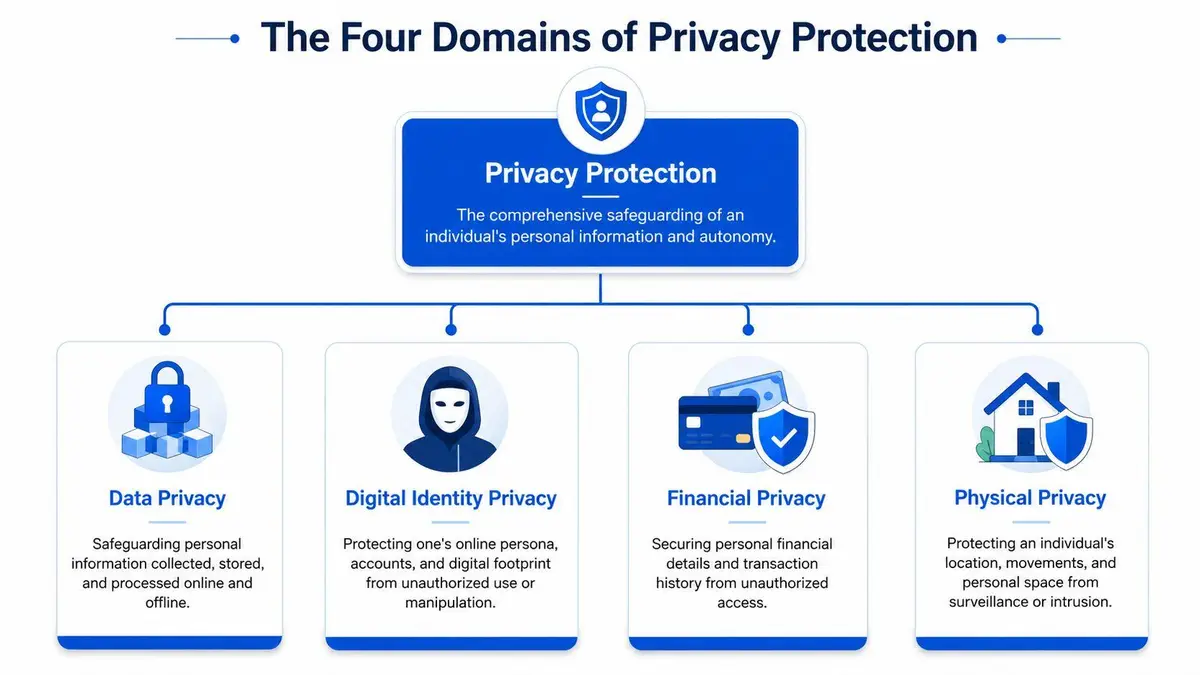 A diagram illustrating the four domains of privacy protection including data, digital identity, financial, and physical privacy.
