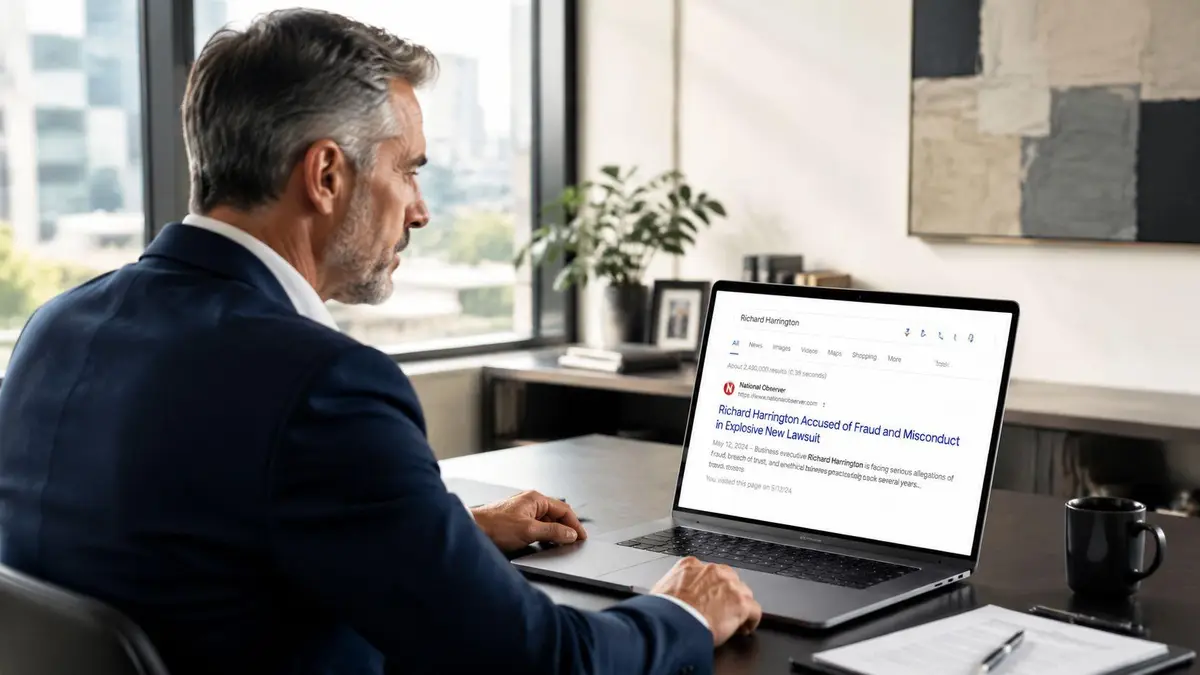 A professional man in a business suit working on a laptop displaying a news article about fraud allegations.