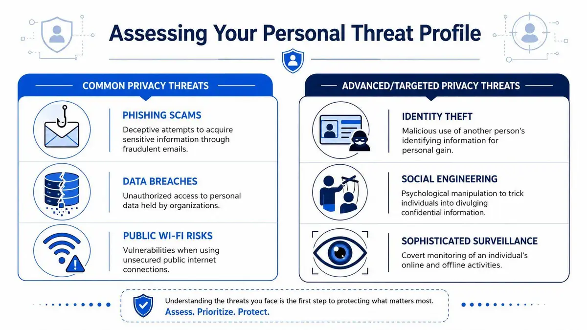 An infographic titled Assessing Your Personal Threat Profile, explaining common and advanced privacy threats individuals face today.