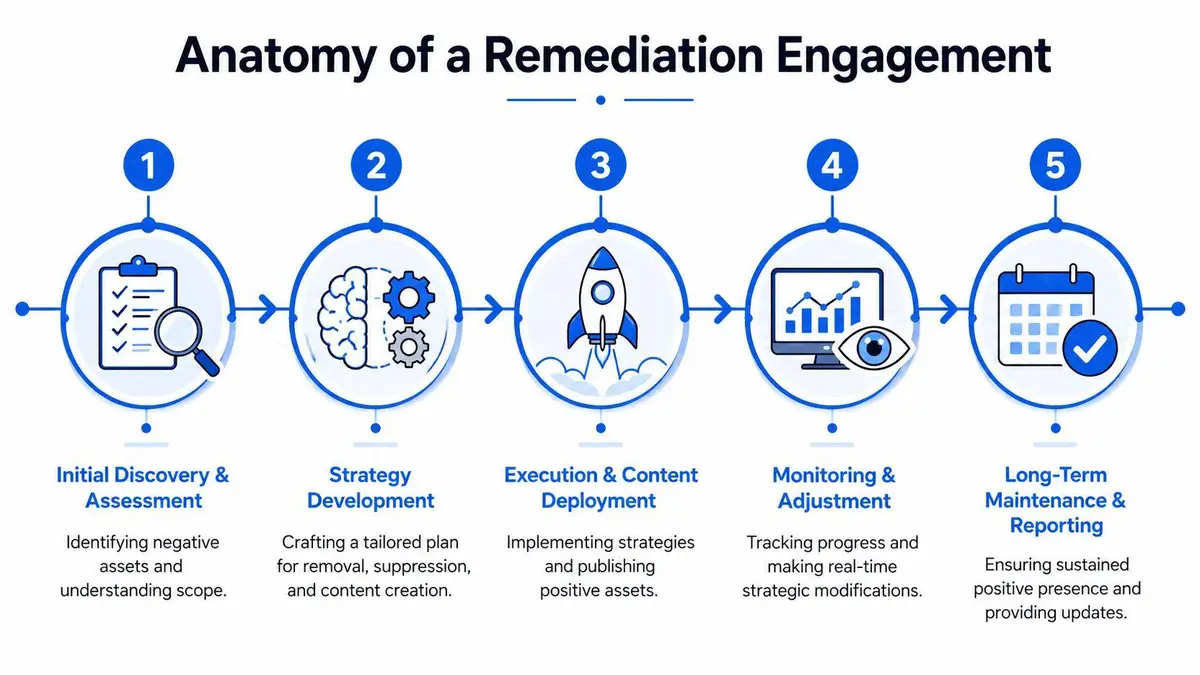 A five-step diagram illustrating the process of a reputation remediation engagement strategy and workflow.