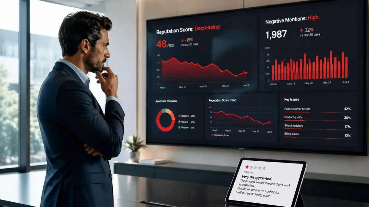 A concerned businessman analyzes a digital dashboard displaying declining company reputation scores and negative customer feedback metrics.