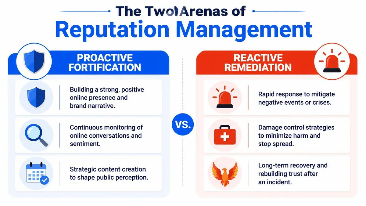 An infographic comparing proactive reputation fortification versus reactive reputation remediation strategies for businesses.