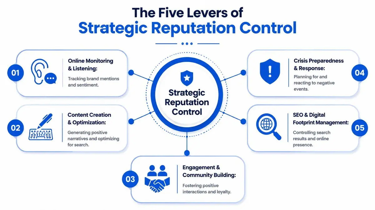 A diagram illustrating the five levers of strategic reputation control including monitoring, content, engagement, crisis, and SEO.