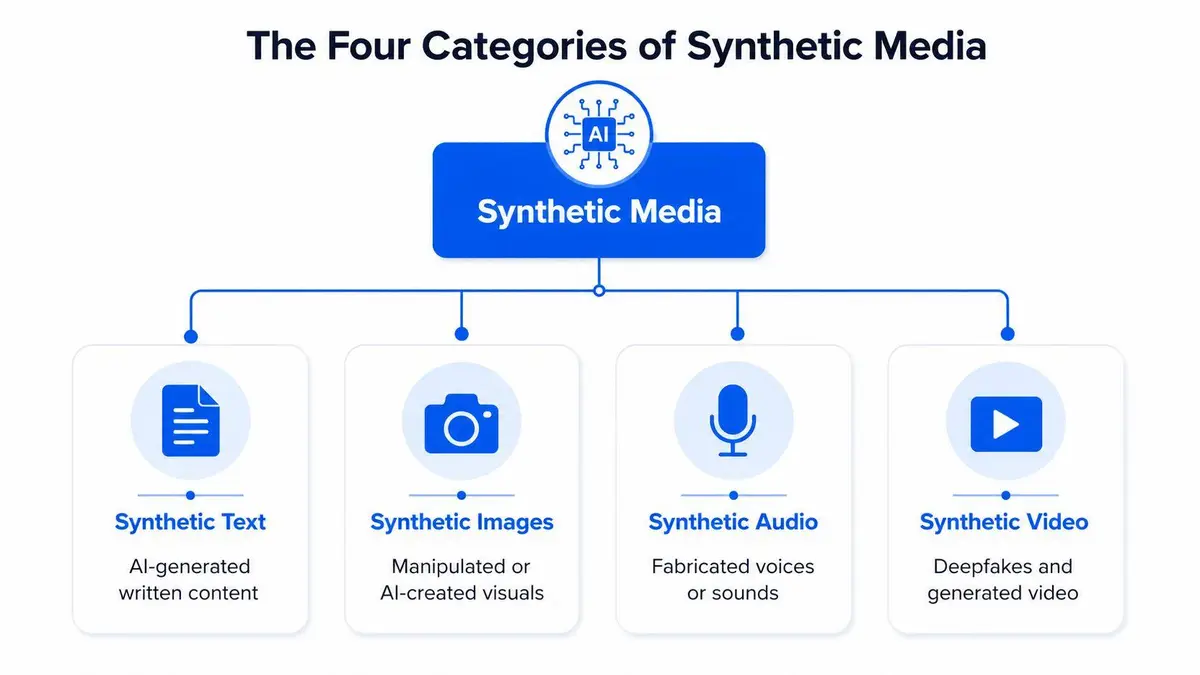 A diagram illustrating the four categories of synthetic media: text, images, audio, and video.