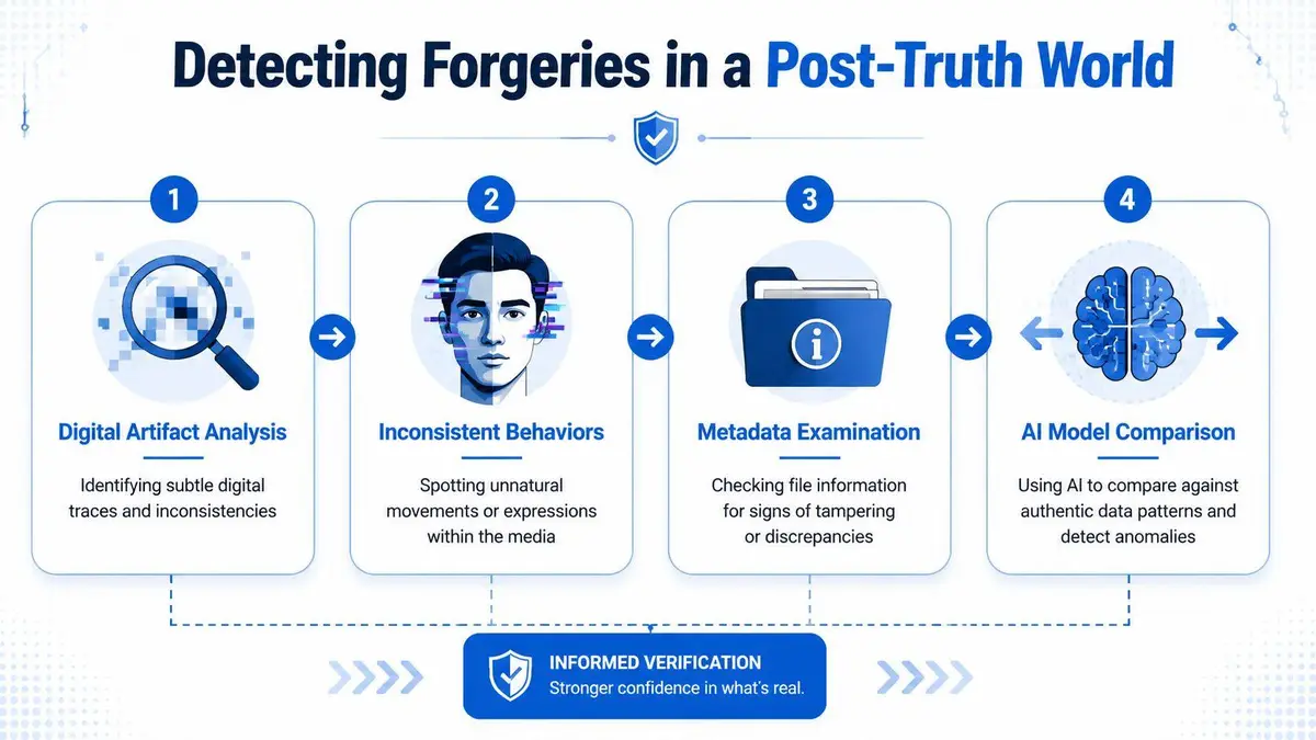 A diagram outlining four steps to detect digital forgeries, including artifact analysis, behavior checking, metadata examination, and AI comparison.