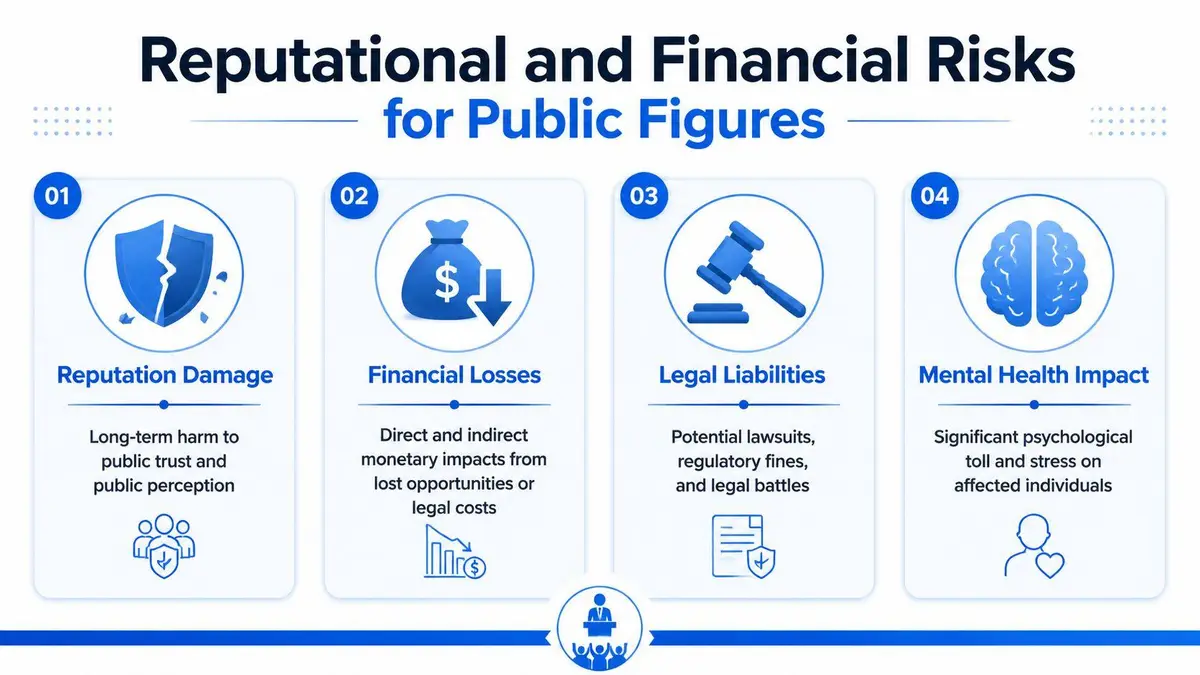 An infographic titled Reputational and Financial Risks for Public Figures detailing four key negative impact areas.