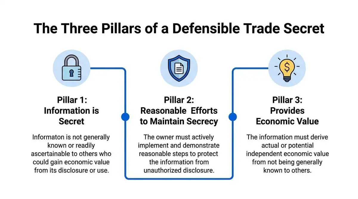 An infographic titled The Three Pillars of a Defensible Trade Secret, displaying secrecy, security, and economic value.