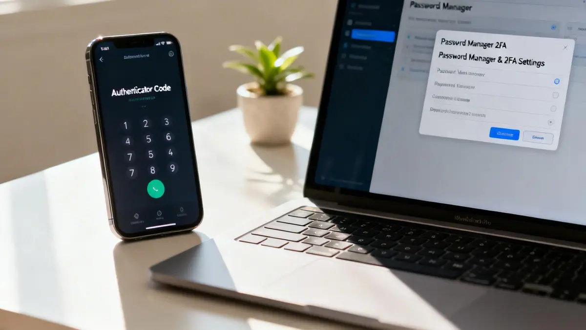 A smartphone displaying an authenticator code app next to a laptop with a password manager and 2FA settings.