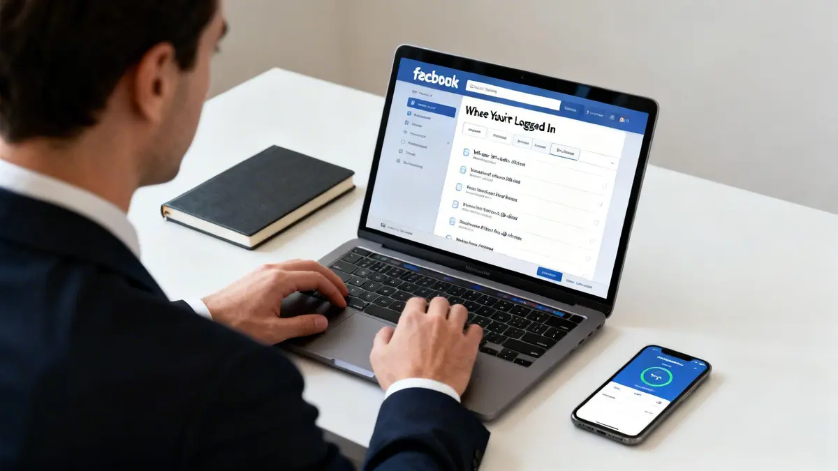 Man in suit jacket typing on a laptop displaying a 'Logged In' security page for a social media account.