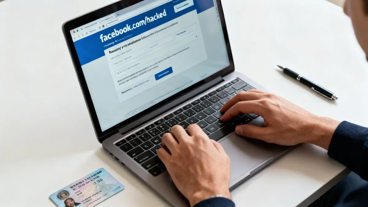 A person types on a laptop showing facebook.com/hacked, with an ID card on the table.