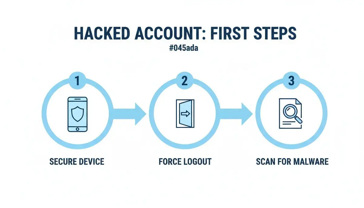 Infographic showing three steps for a hacked account: secure device, force logout, scan for malware.