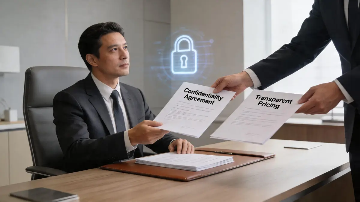 A businessman in a suit sitting at a desk receives documents regarding confidentiality agreements and transparent pricing.
