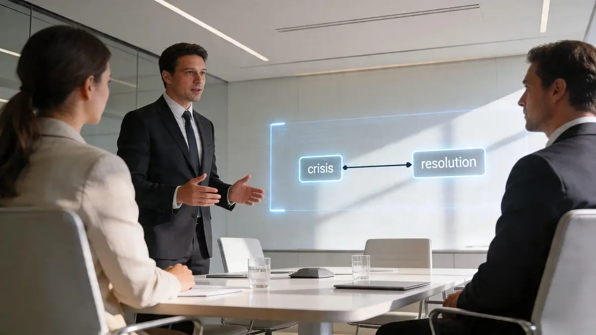 A professional business meeting where a presenter displays a digital graphic showing the progression from crisis to resolution.