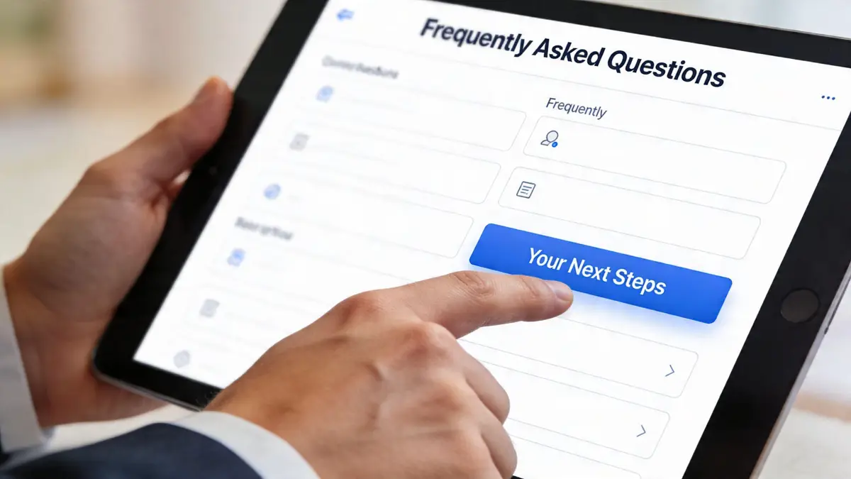 A professional using a tablet to navigate a frequently asked questions interface about reputation management services.