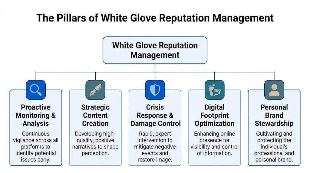 A diagram outlining the five core pillars of white glove reputation management services for individuals.