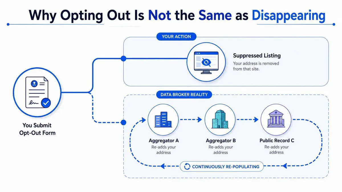 A diagram explaining why opting out of a data broker site does not remove information permanently.