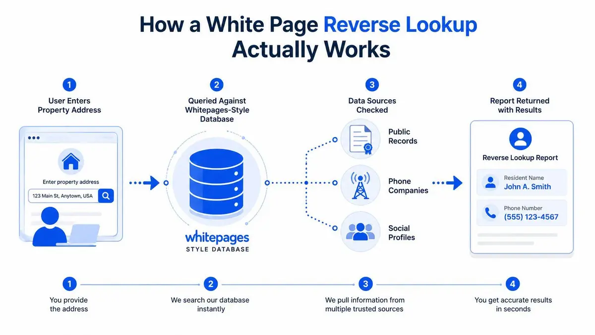 A diagram illustrating the step-by-step process of using a white page reverse lookup tool to search property addresses.
