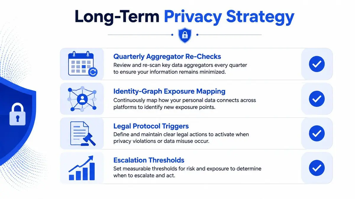 A diagram outlining a long-term privacy strategy with four key steps for protecting personal digital data.