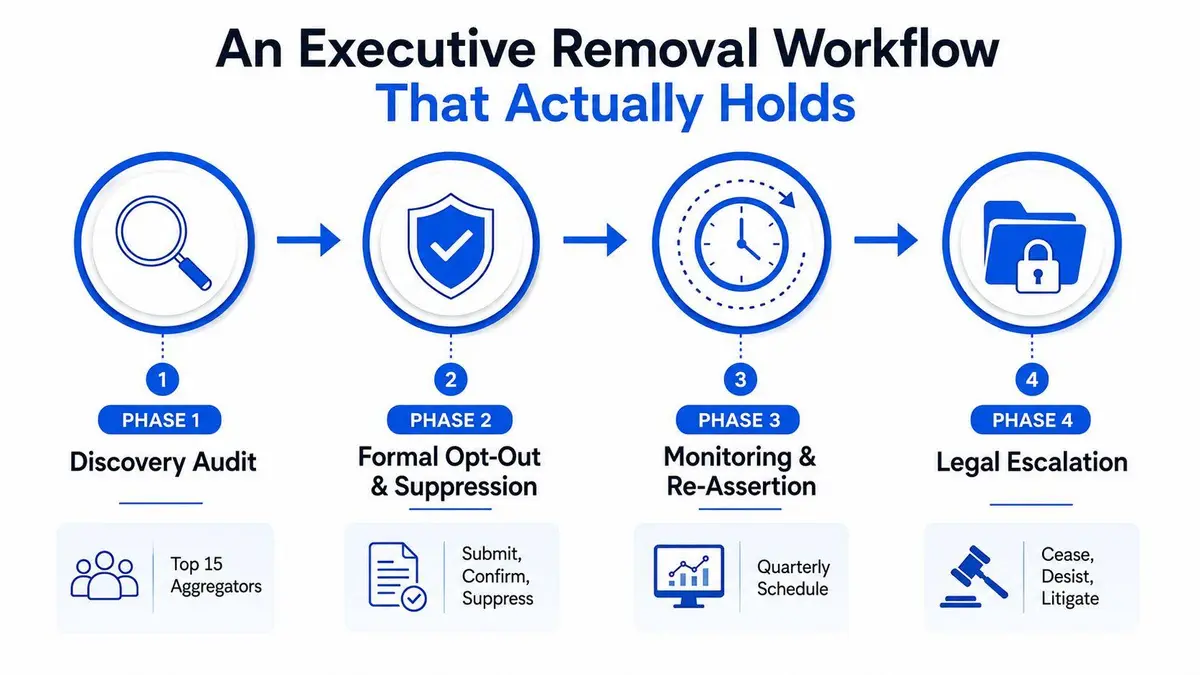 A four-phase workflow diagram for executive data removal, showing steps from discovery audit to legal escalation.