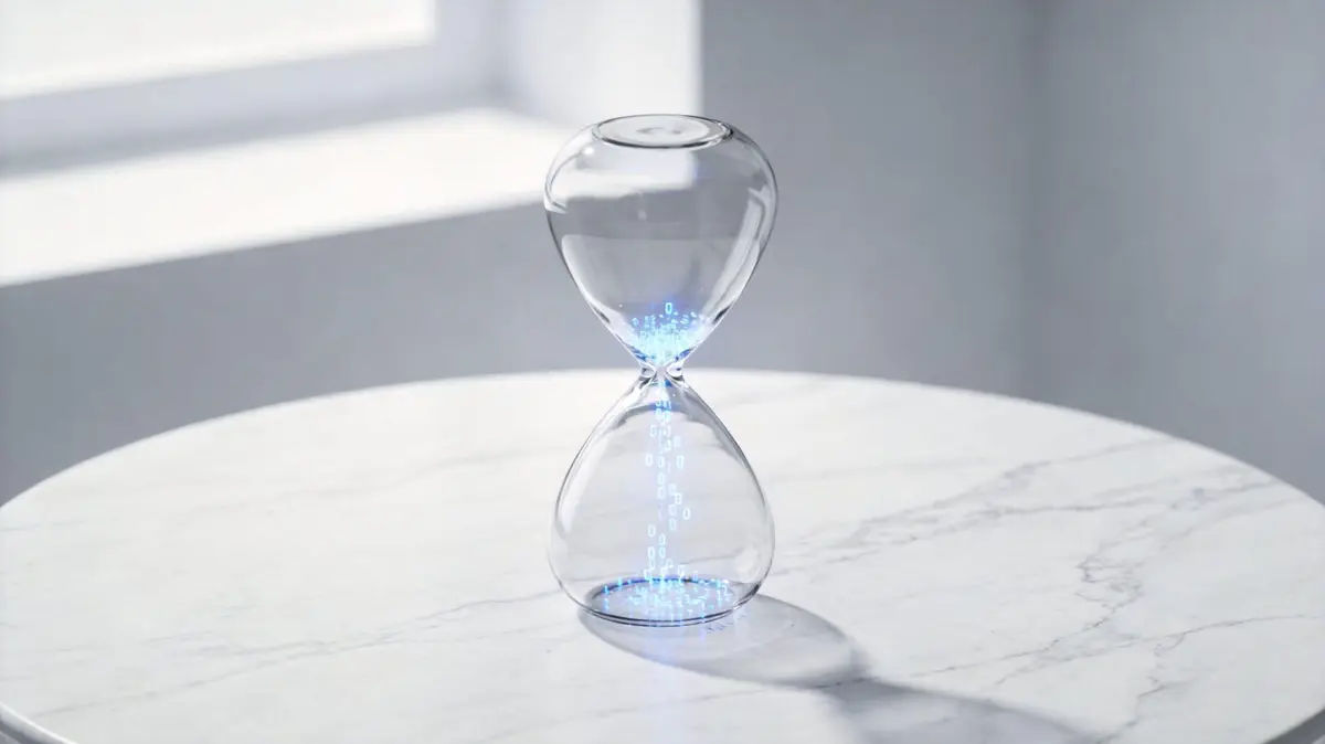 A clear hourglass on a marble table containing glowing blue binary code instead of sand.