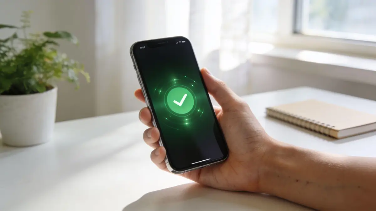 A person holding a smartphone displaying a green checkmark confirmation icon on a desk with a notebook.