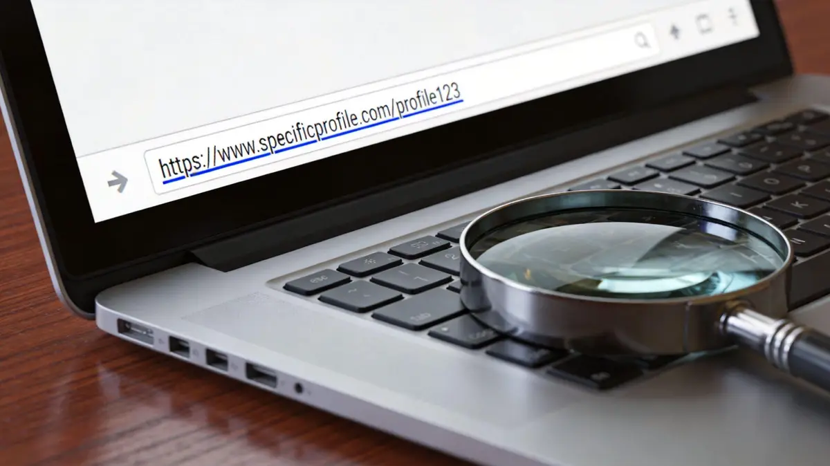 A magnifying glass resting on a laptop keyboard displaying a specific profile URL in the address bar.