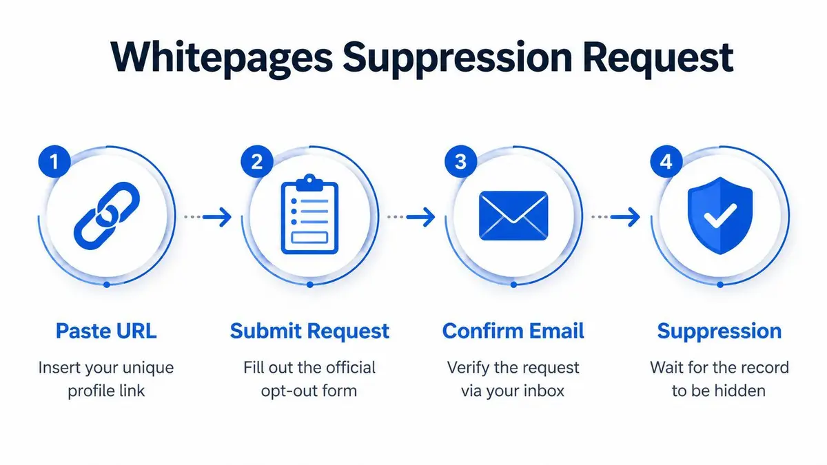 A four-step infographic illustrating the process to request suppression of information from the Whitepages website.