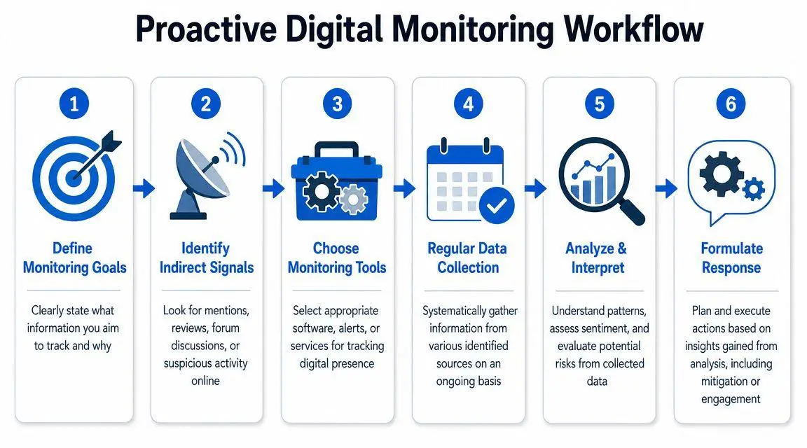 A six-step infographic flow chart illustrating a proactive digital monitoring workflow for online reputation management.