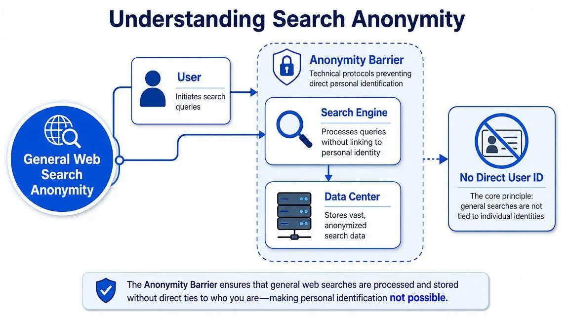 A diagram explaining how general web search anonymity protects user identities through technical barriers and data anonymization.