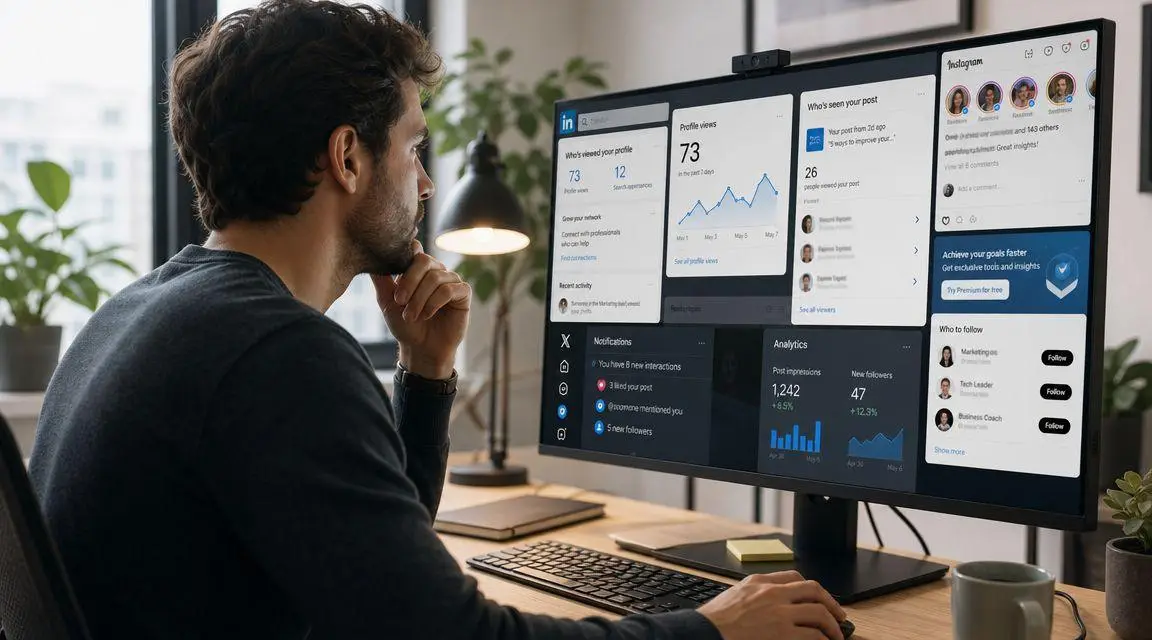 A man sitting at his desk, analyzing LinkedIn and social media profile statistics on his computer monitor.