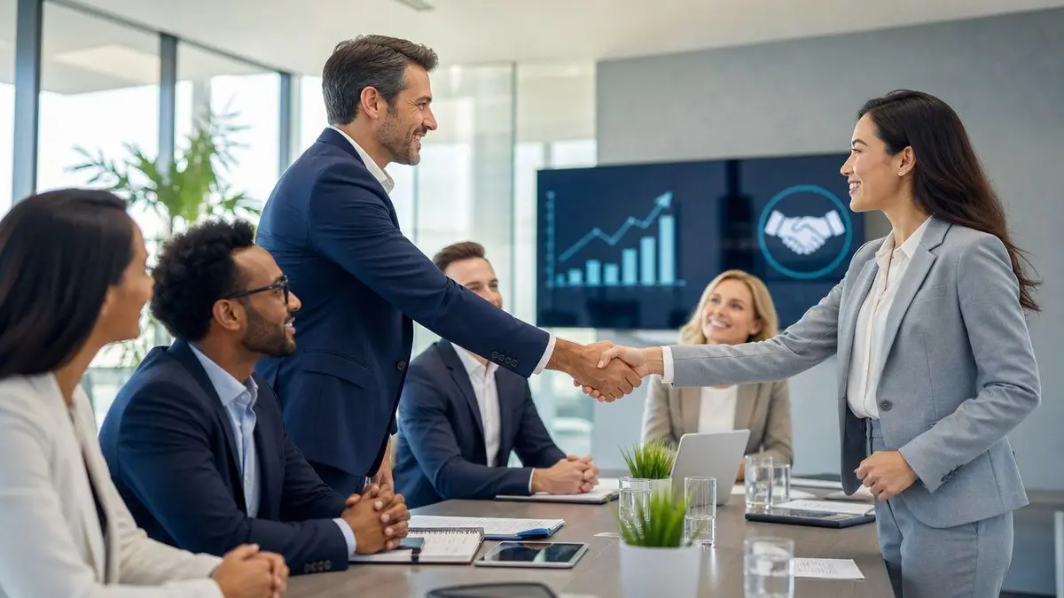 A professional business meeting where a man and woman are shaking hands across a conference table.