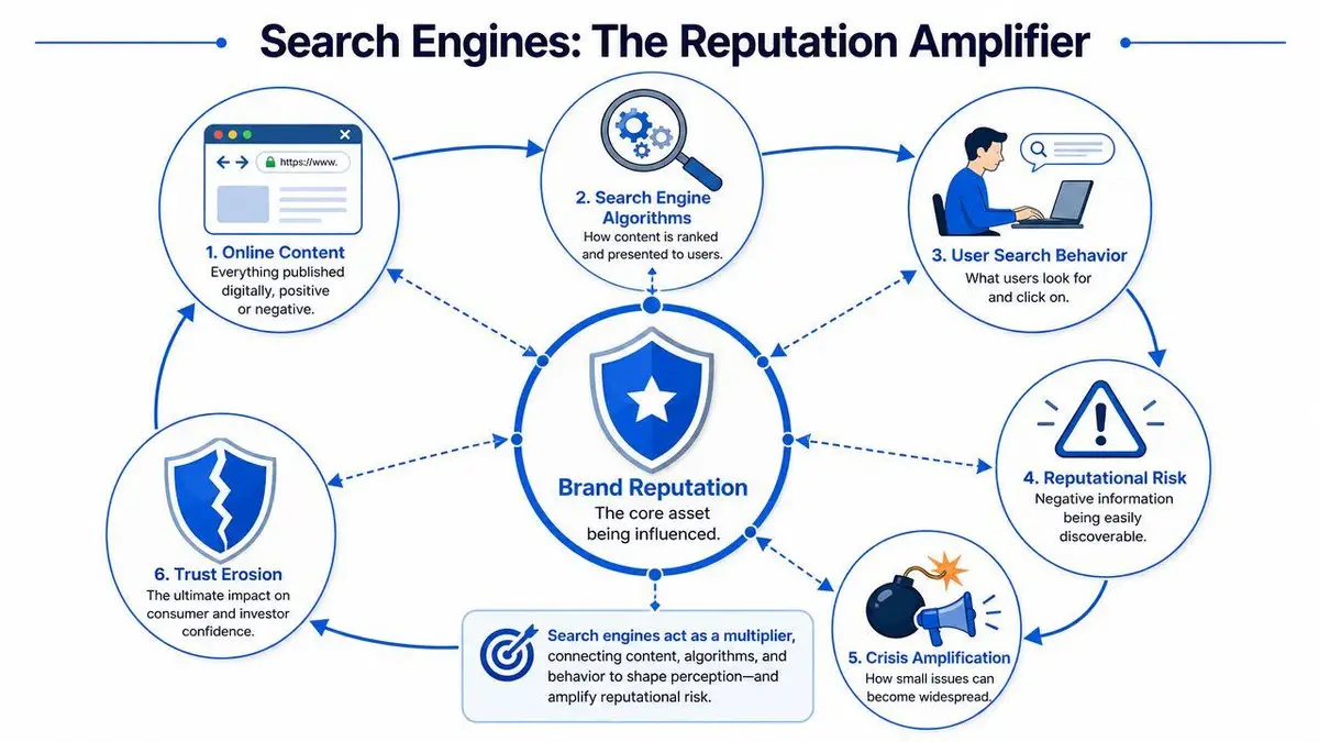 A diagram illustrating how search engines amplify brand reputation, linking online content, search algorithms, and consumer trust.