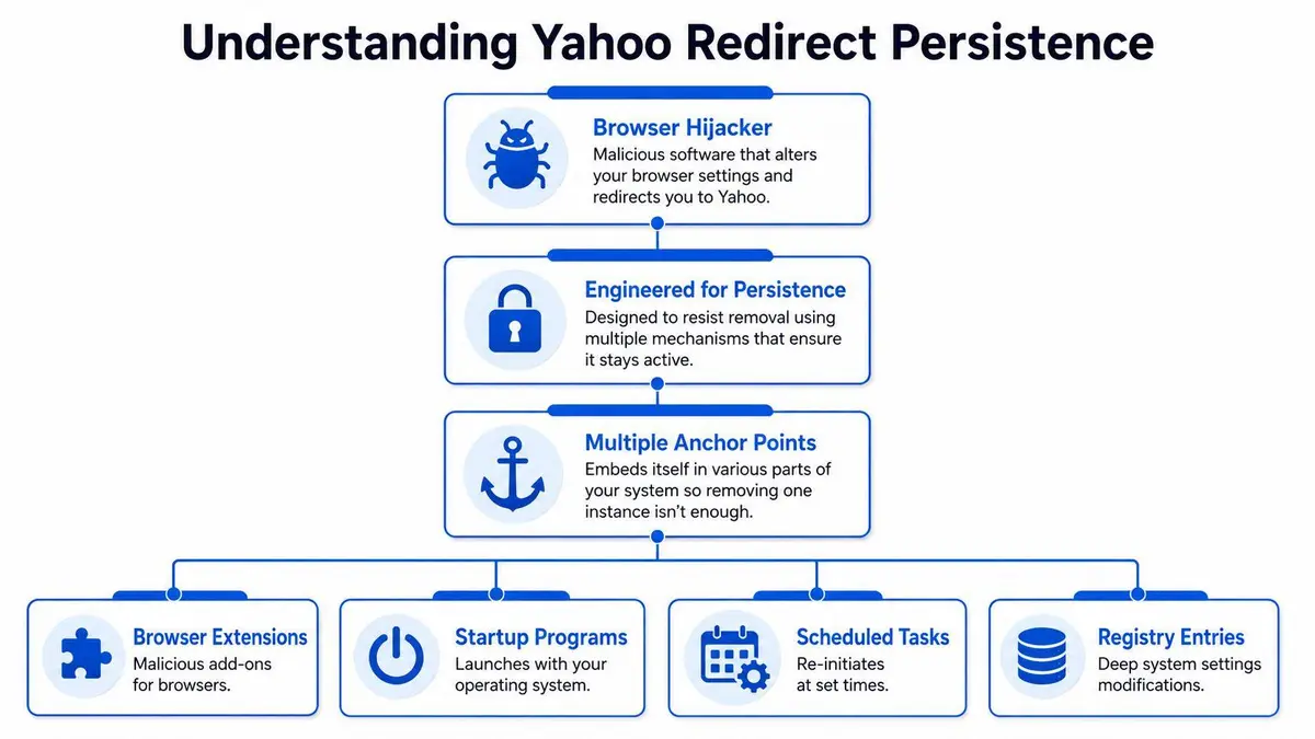 A flowchart explaining how malicious software creates persistent Yahoo redirect infections across system components.