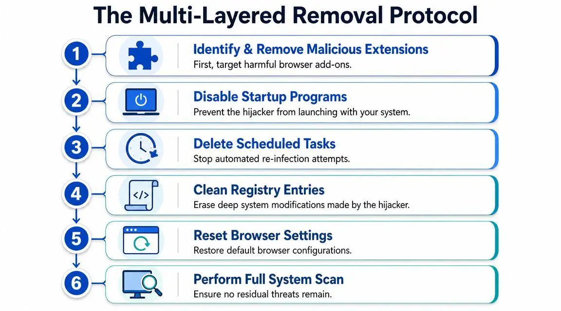 A six-step infographic detailing a multi-layered protocol for the complete removal of browser hijacker malware from systems.