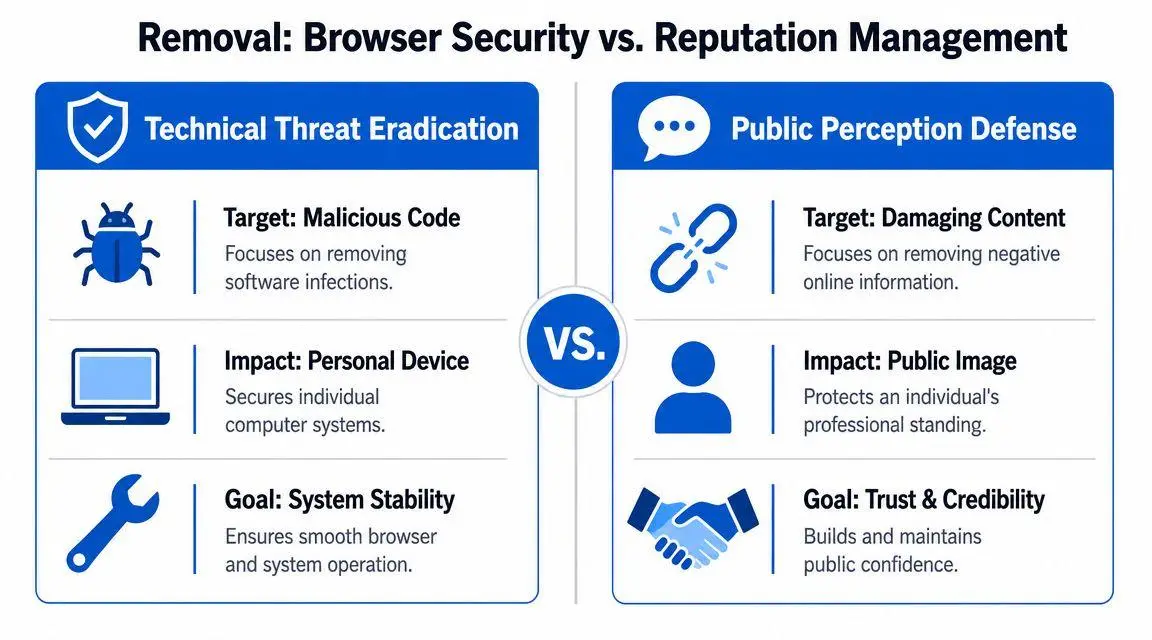 A comparison chart showing the differences between technical browser security threat removal and online reputation management strategies.