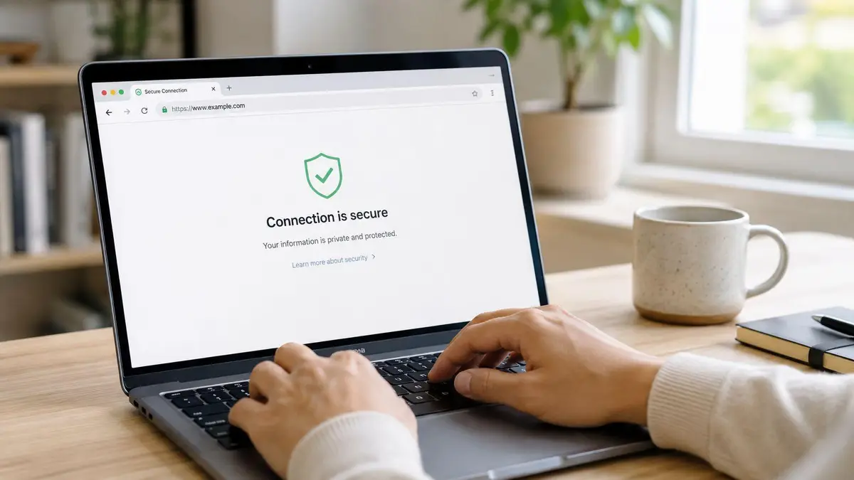 A person typing on a laptop displaying a secure website connection message on the screen.