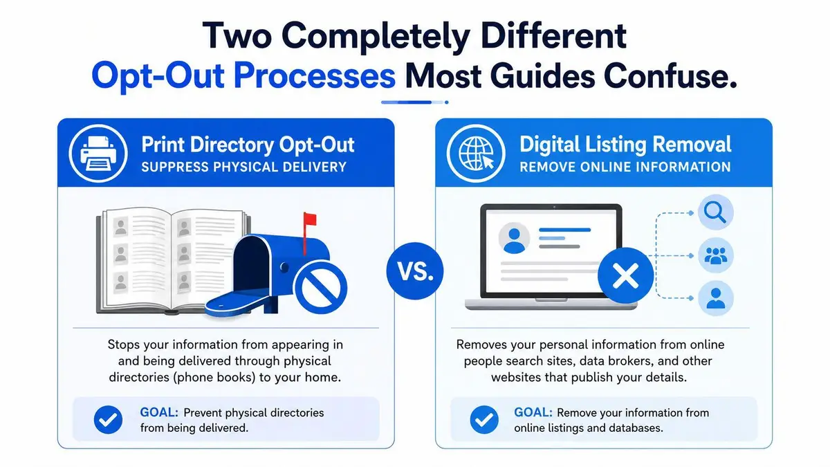 A comparison chart explaining the differences between physical print directory opt-out and online digital listing removal services.