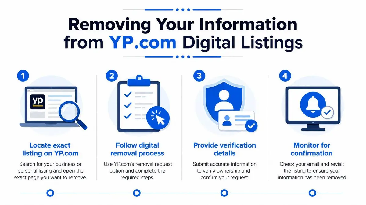 A four-step infographic illustrating how to remove personal or business information from YP.com digital listings.