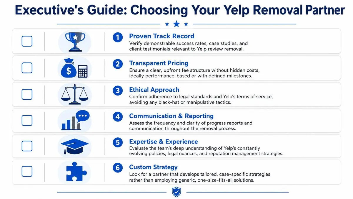 A checklist for businesses highlighting key criteria when selecting a professional Yelp review removal service partner.