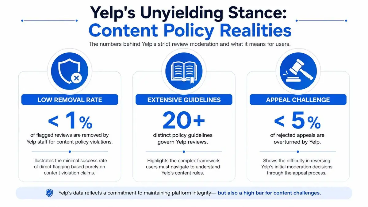 An infographic titled Yelp's Unyielding Stance, detailing low removal rates, extensive policy guidelines, and difficult appeals processes.