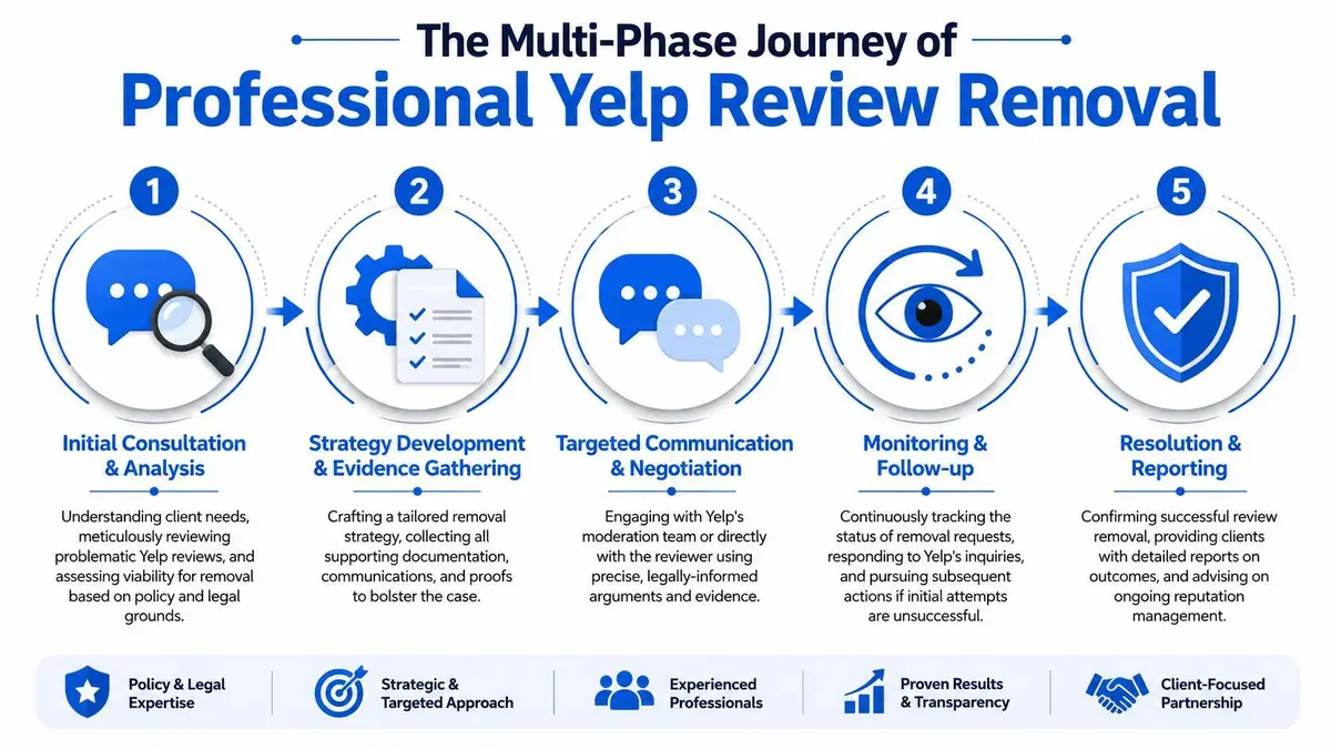 A five-step infographic explaining the professional process of removing negative reviews from the Yelp platform.