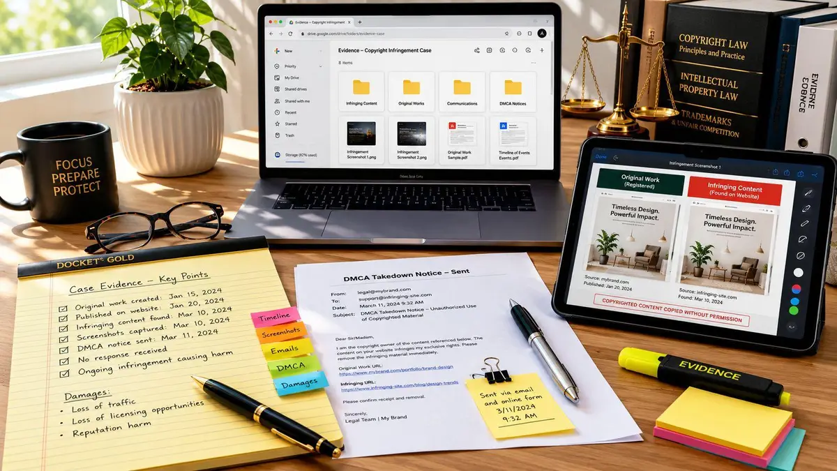 A professional desk setup featuring copyright infringement evidence, a DMCA notice, laptop, and tablet displaying case documentation.