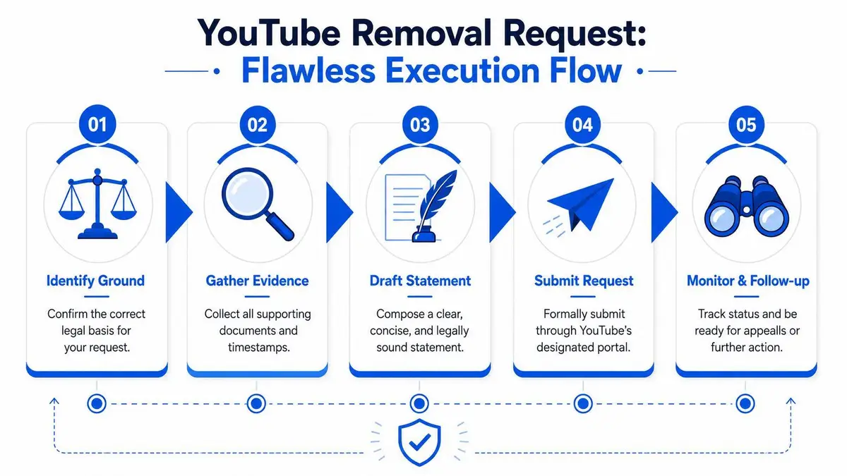 An infographic detailing a five-step flawless execution flow for submitting a YouTube video removal request.