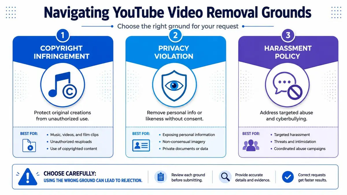An infographic titled Navigating YouTube Video Removal Grounds outlining criteria for copyright, privacy, and harassment policy complaints.