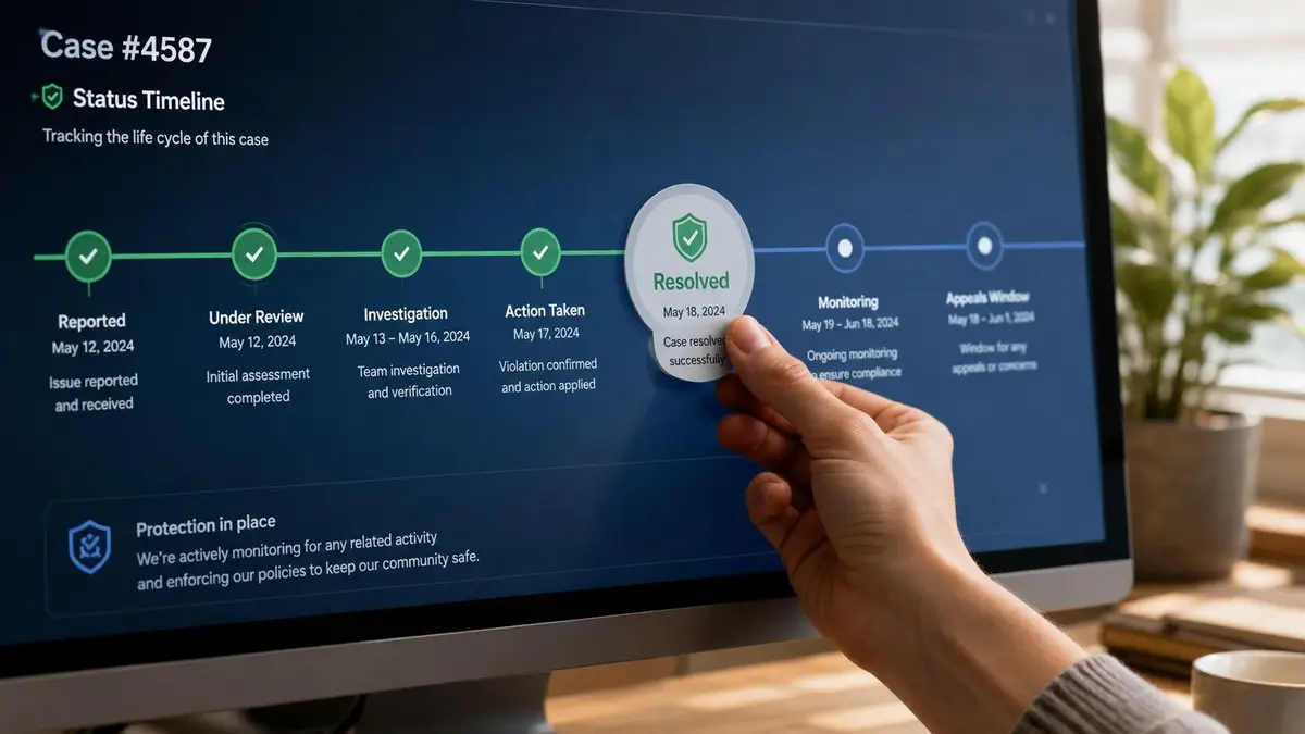 A hand touching a computer screen displaying a digital status timeline for a resolved content removal case.